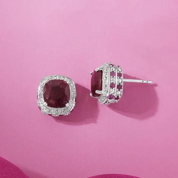 Precious Ruby Gemstone & White Topaz Stud Earrings in Solid Sterling Silver - Picture 5 of 8